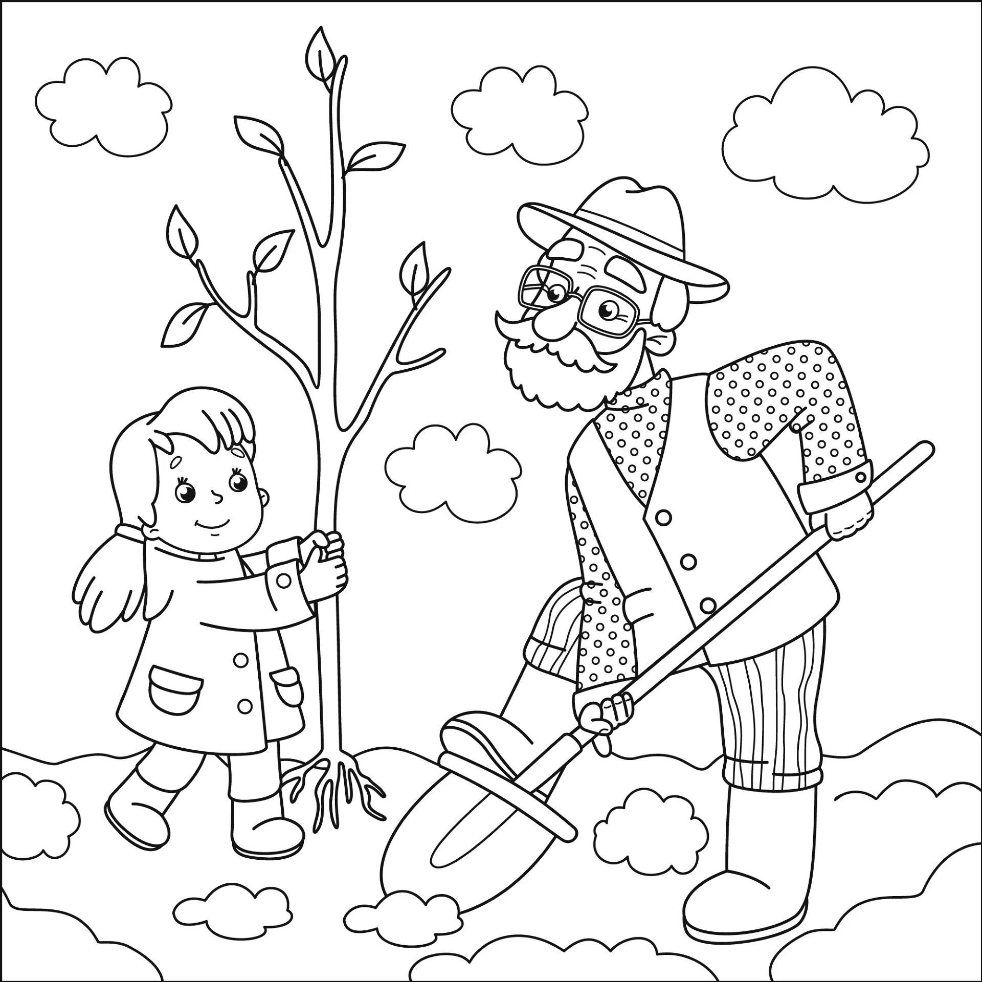 grandfather-and-little-girl-planting-tree-coloring-page-lg Tô màu trị liệu là hoạt động kết nối thế hệ và rèn luyện trí não cho người già