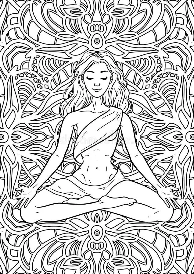 young-meditating-yogi-woman-lotus-pose-mandala-background-adult-coloring-book-page-vector-illustration-young-meditating-yogi-170009889 Trạng thái chánh niệm đạt được khi tập trung hoàn toàn vào từng nét vẽ và màu sắc